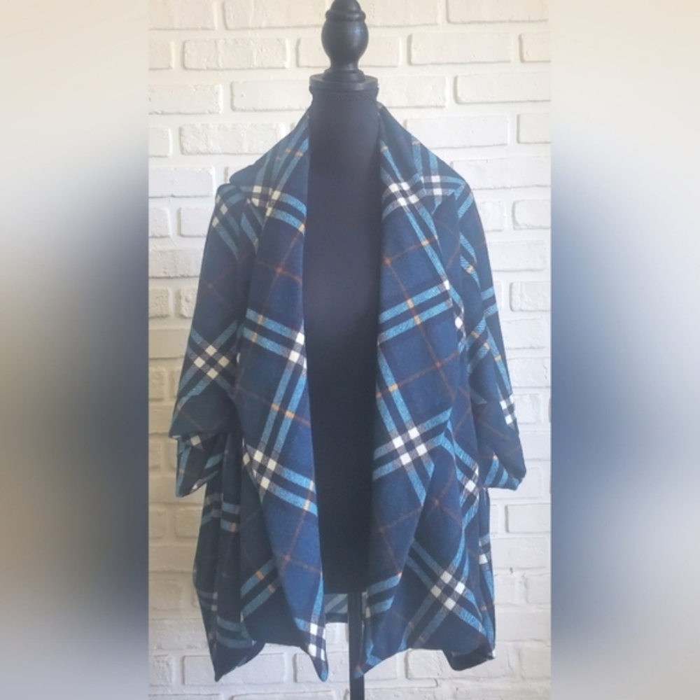 NWT Orange Farm Tartan Plaid Cape Shawl Poncho Blue Classy Cozy Open Waterfall